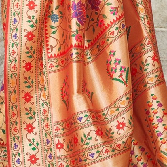 JHEAPS DARK GOLD RED PAITHANI WOVEN SILK FLORAL SAREE - Picture 5 of 5